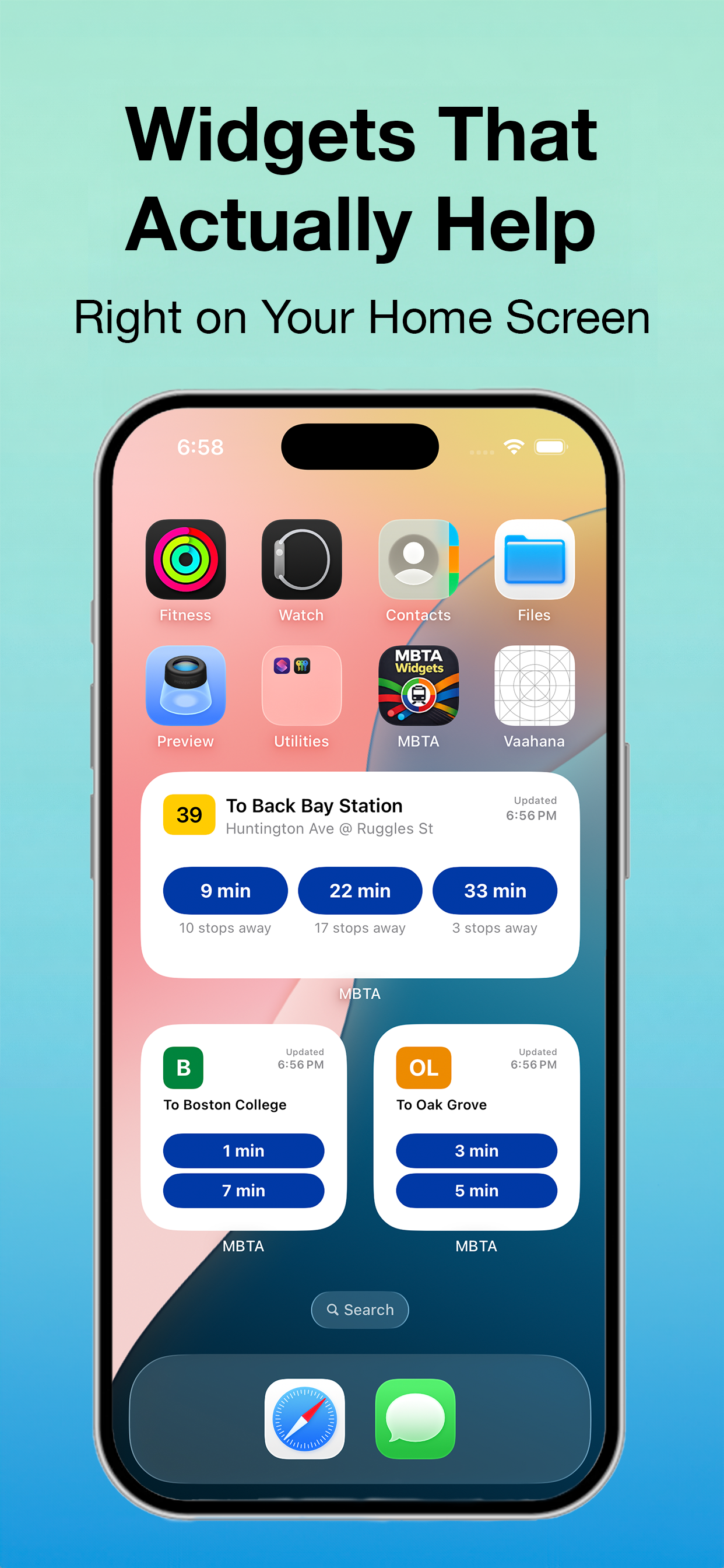MBTA Widgets home screen widget showing bus arrival times