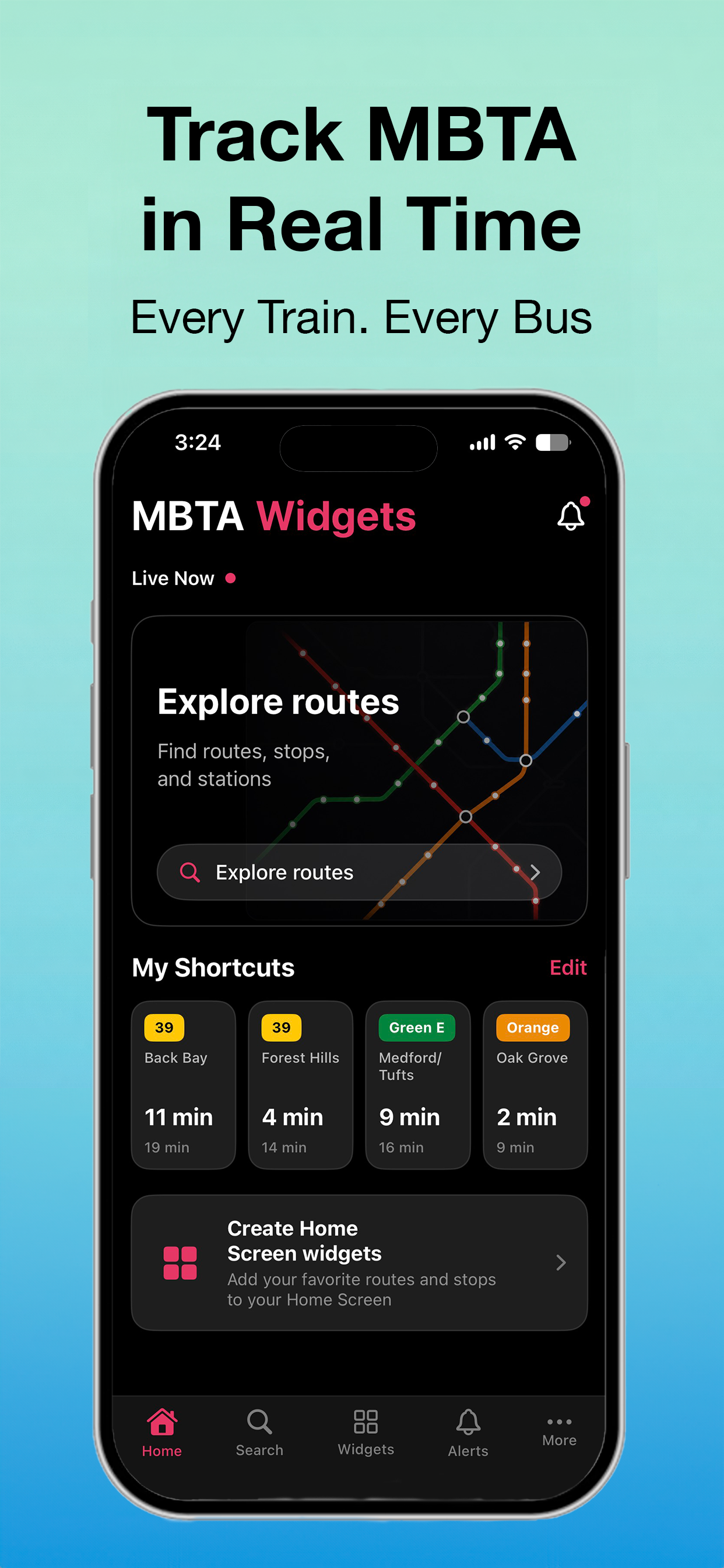 MBTA Widgets route selection screen